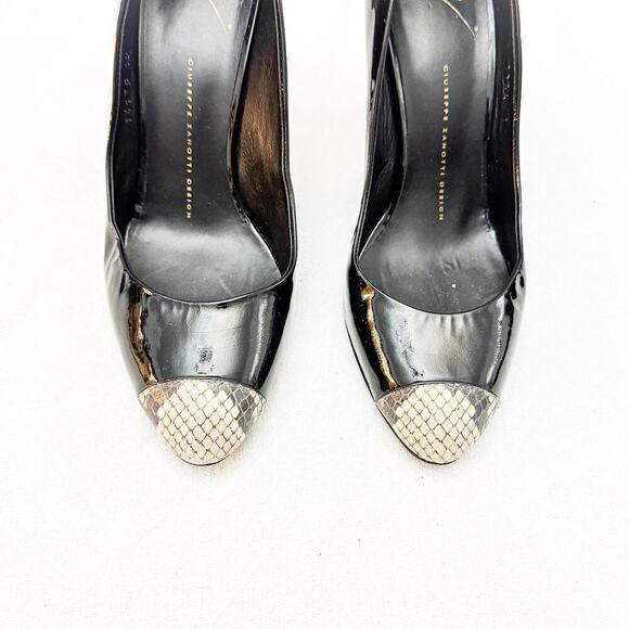 Giuseppe Zanotti Black Patent Leather Heels Snakeskin Round Cap Toe Size  40 - Picture 4 of 8